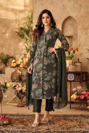 Ever Green Floral Printed Dola Silk Kurta Pant Set