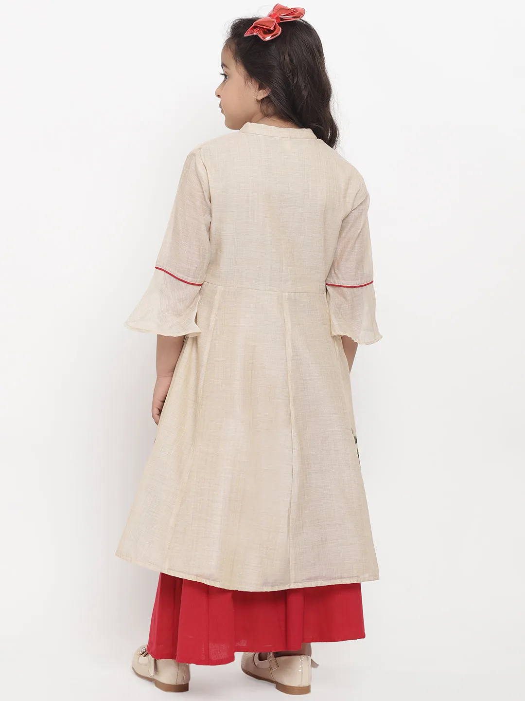 Girls Beige Flower Printed Kurta With Red Palazzos