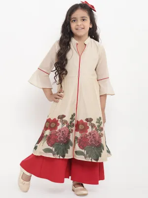 Girls Beige Flower Printed Kurta With Red Palazzos