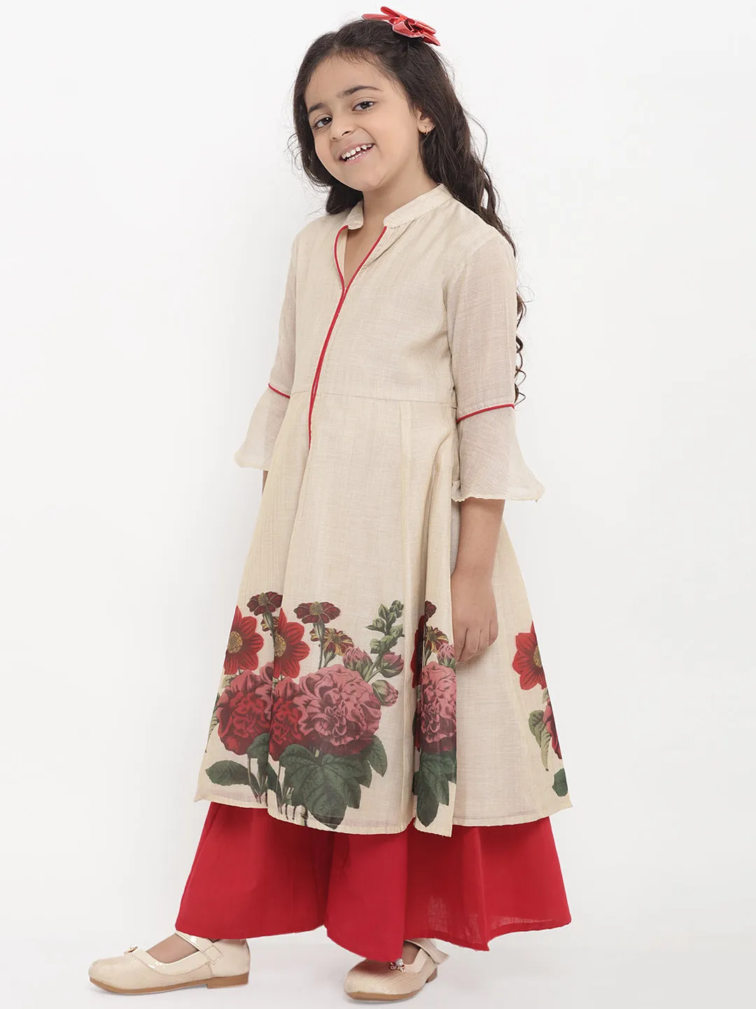 Girls Beige Flower Printed Kurta With Red Palazzos