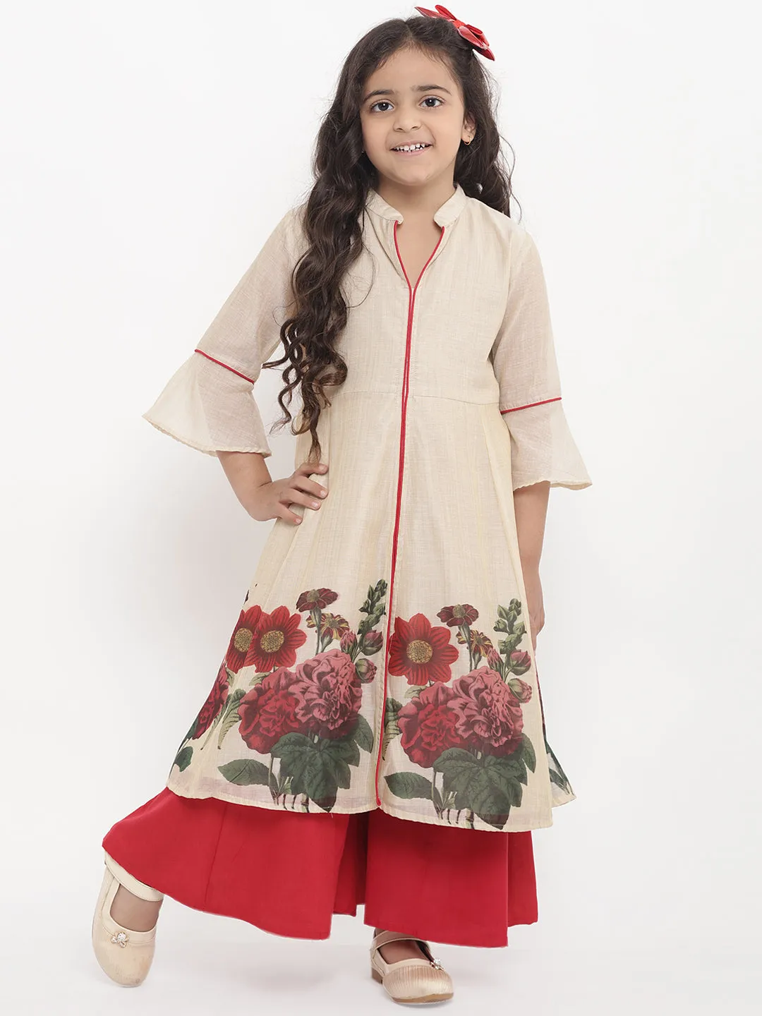 Girls Beige Flower Printed Kurta With Red Palazzos
