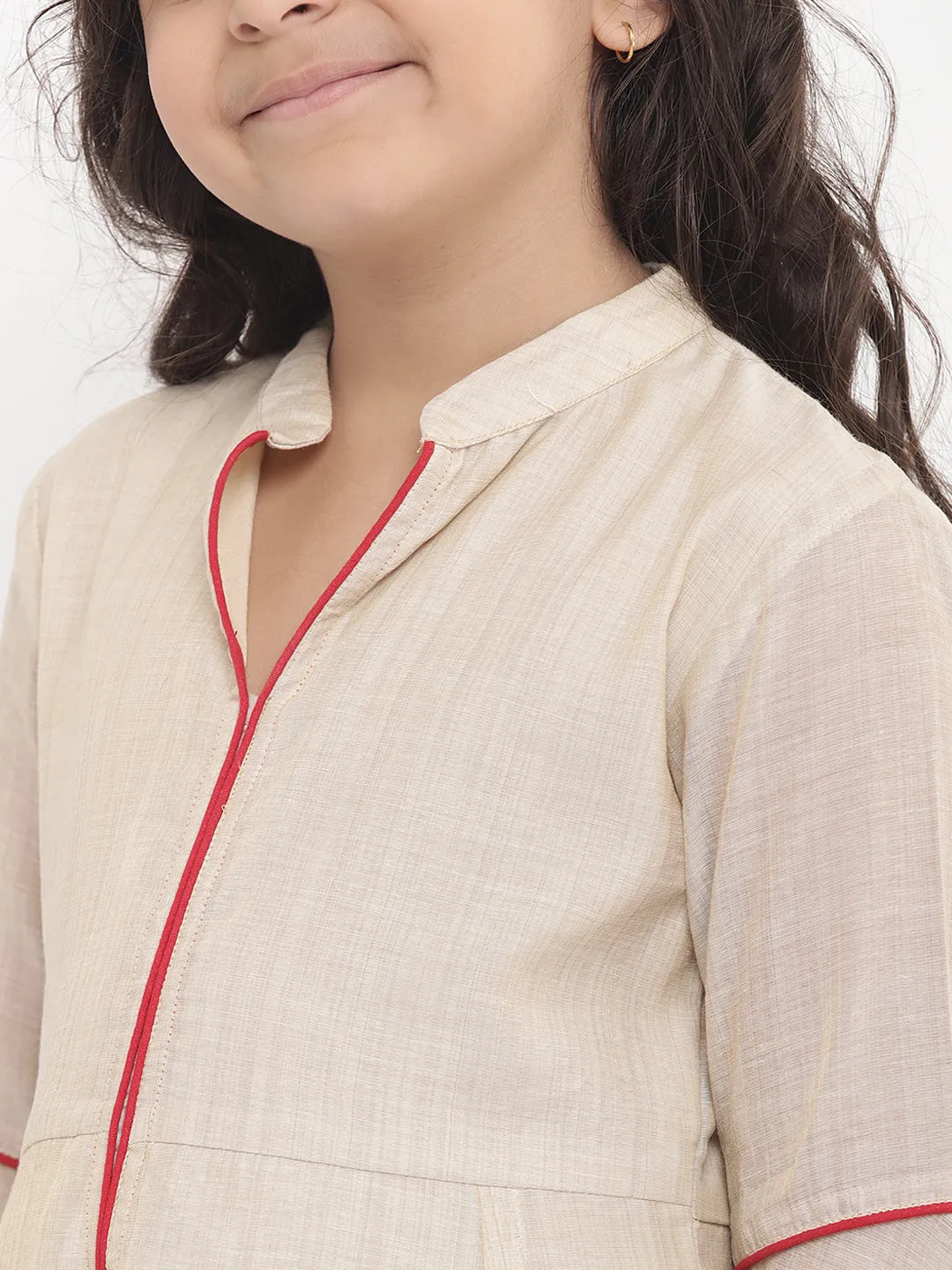 Girls Beige Flower Printed Kurta With Red Palazzos