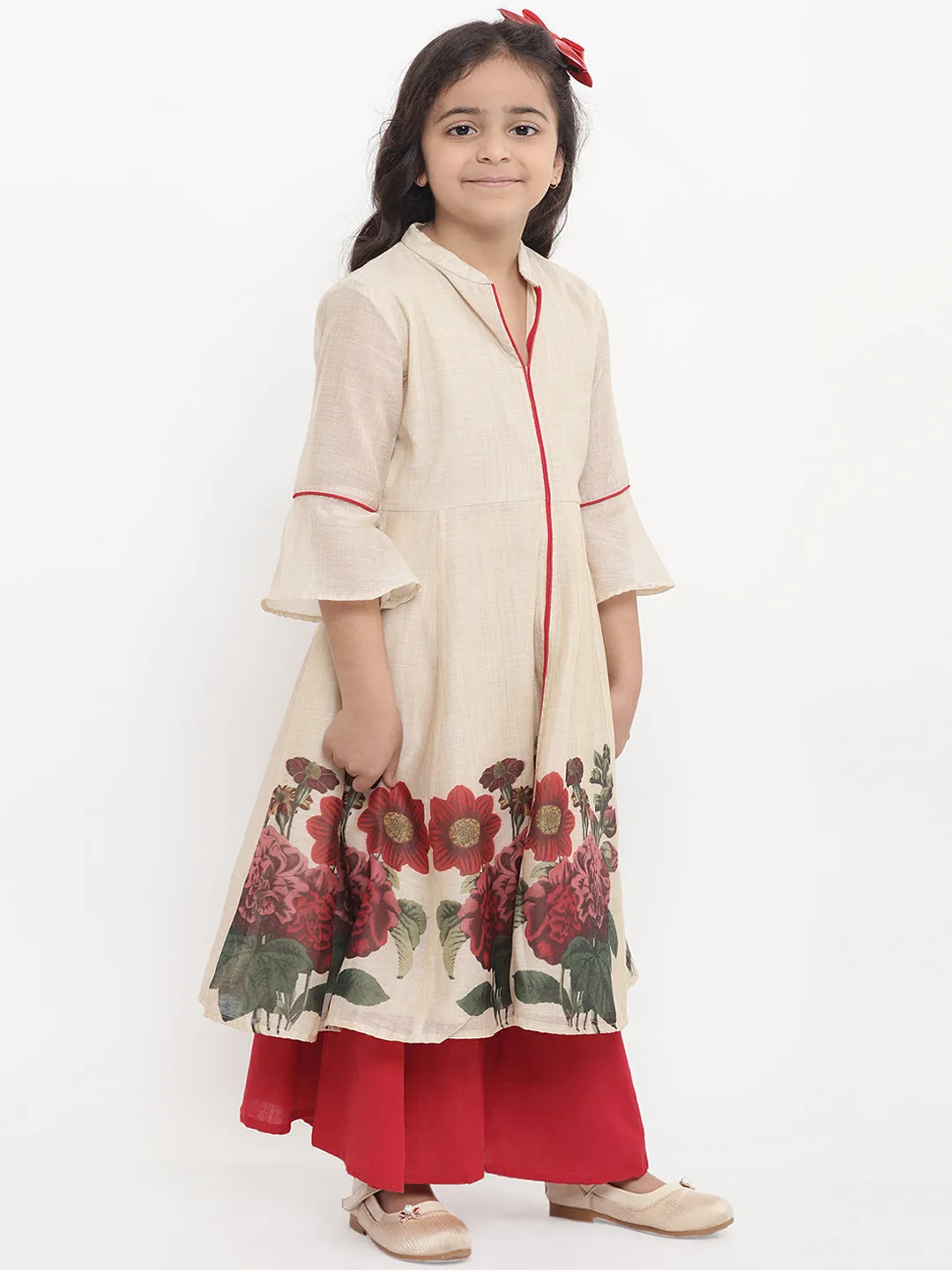 Girls Beige Flower Printed Kurta With Red Palazzos