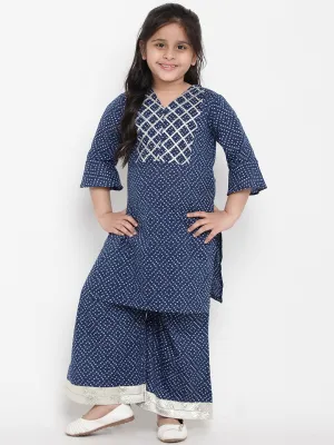 Girls Blue Printed Kurta With Palazzos