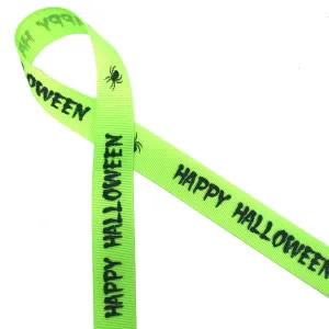 Happy Halloween Ribbon in black ink on 7/8" Neon Green grosgrain ribbon