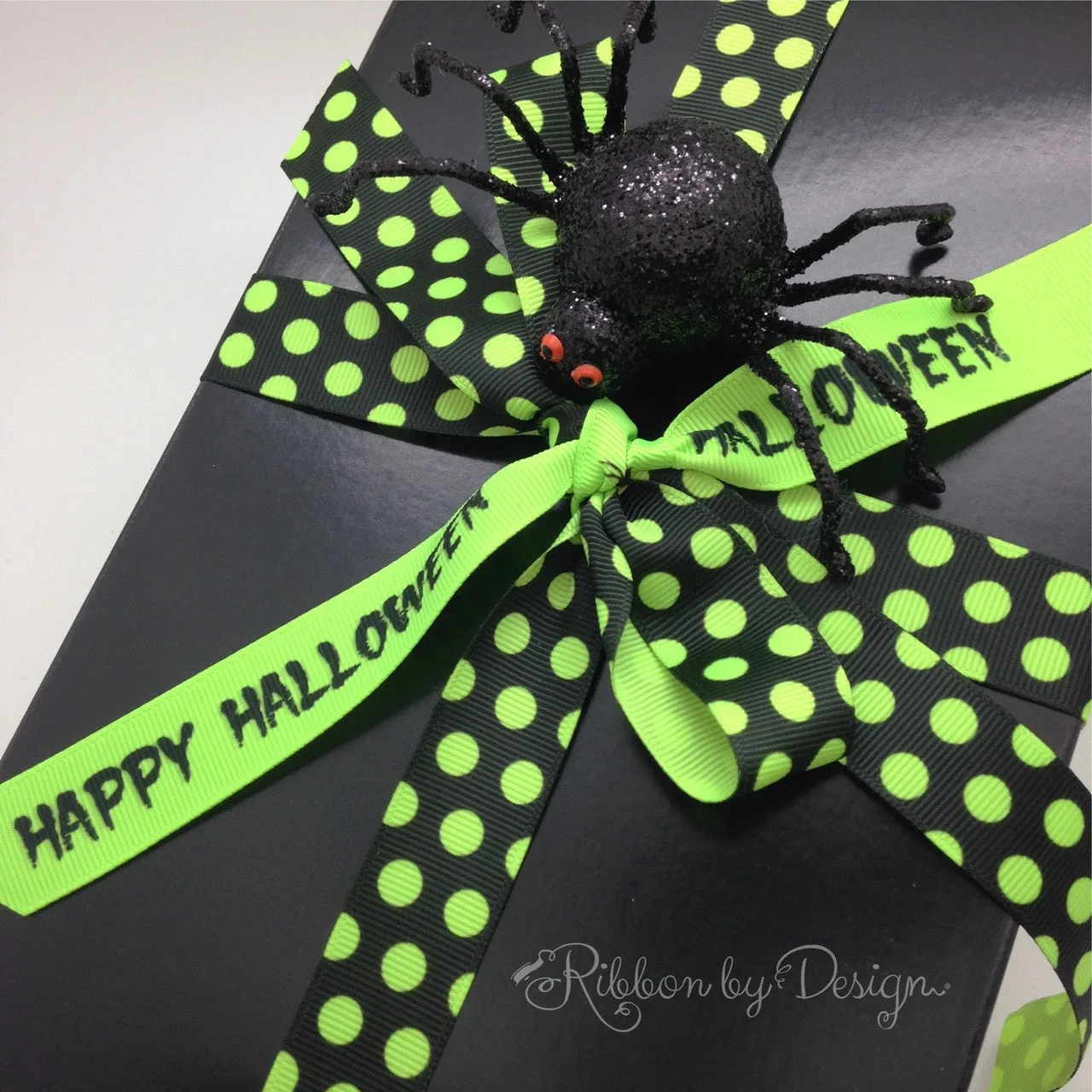 Happy Halloween Ribbon in black ink on 7/8" Neon Green grosgrain ribbon