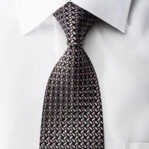 Indian Homme Men's Rhinestone Silk Necktie Silver Mauve Geometric On Black With Sparkles