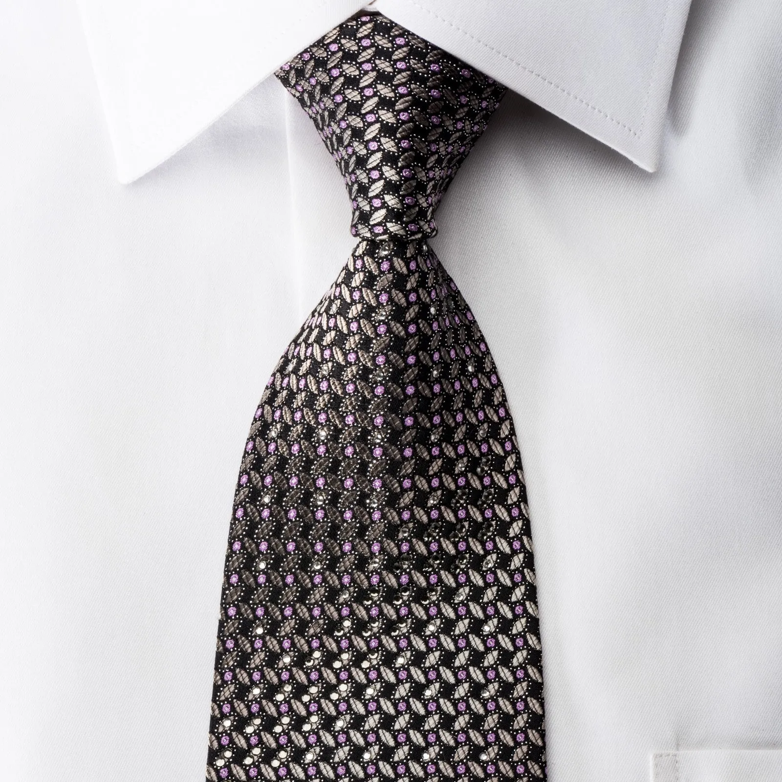 Indian Homme Men's Rhinestone Silk Necktie Silver Mauve Geometric On Black With Sparkles