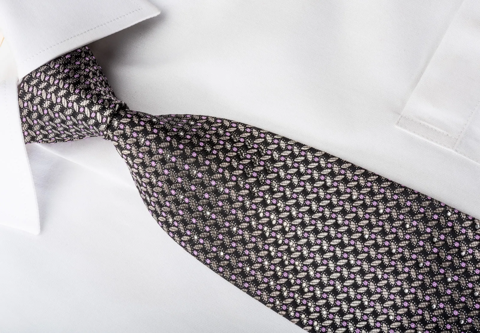 Indian Homme Men's Rhinestone Silk Necktie Silver Mauve Geometric On Black With Sparkles