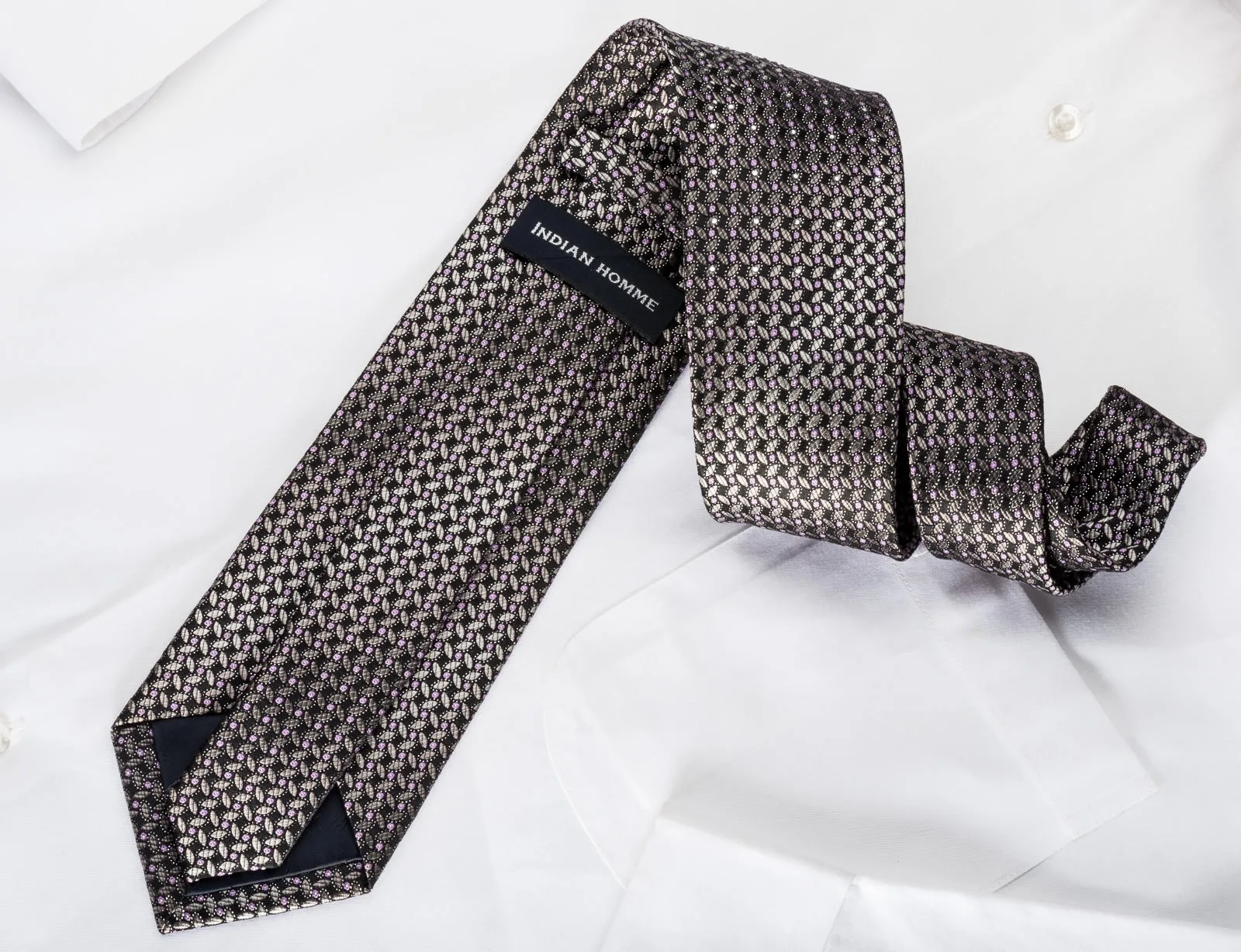Indian Homme Men's Rhinestone Silk Necktie Silver Mauve Geometric On Black With Sparkles