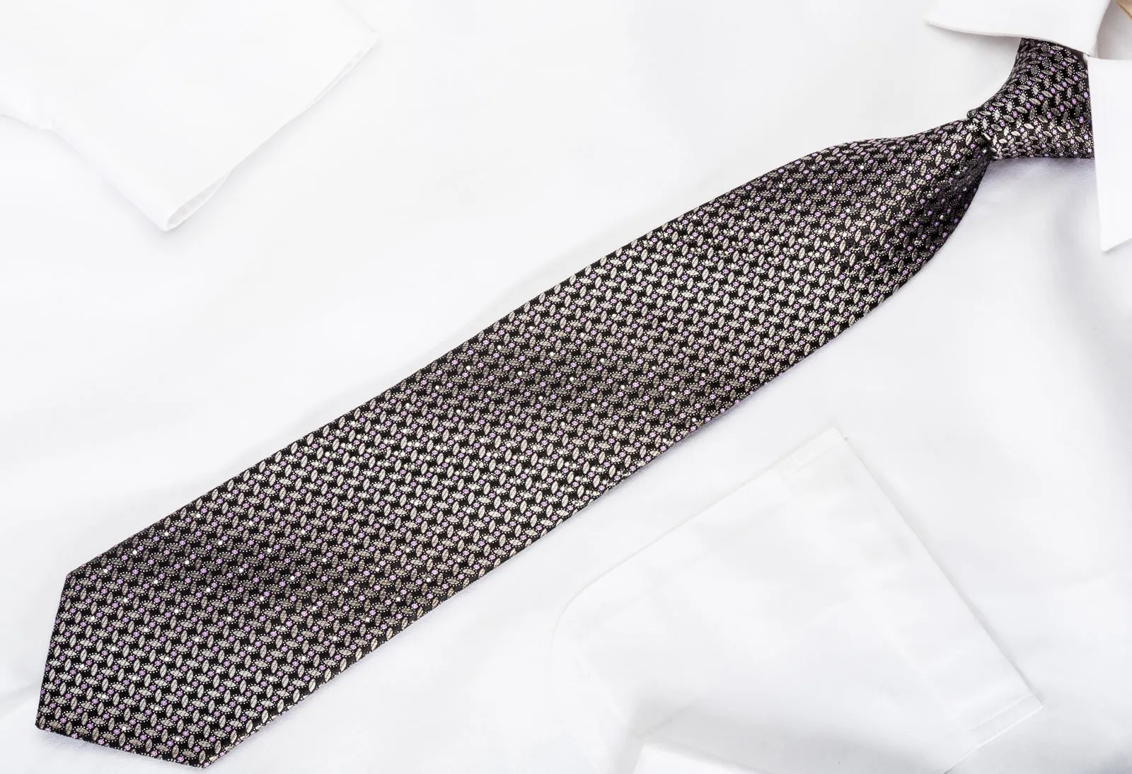 Indian Homme Men's Rhinestone Silk Necktie Silver Mauve Geometric On Black With Sparkles