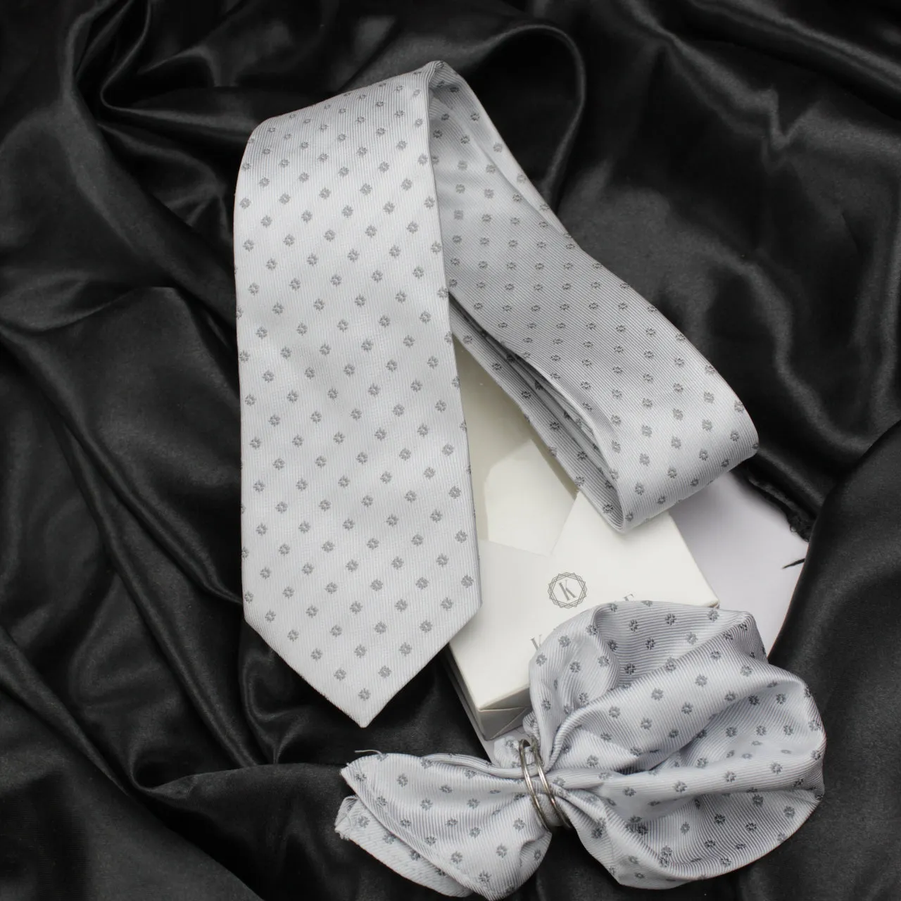 Kovove The Abstract Polka Fusion Grey Necktie and Pocket Square Gift Box