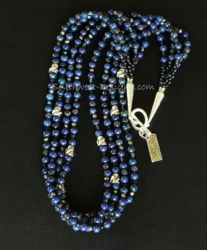 Lapis and Iolite 4-Strand Necklace with Antique Czech Nailheads, Fire Polished Glass, Pyrite Nuggets, and Sterling Silver Beads, Cones & Toggle Clasp