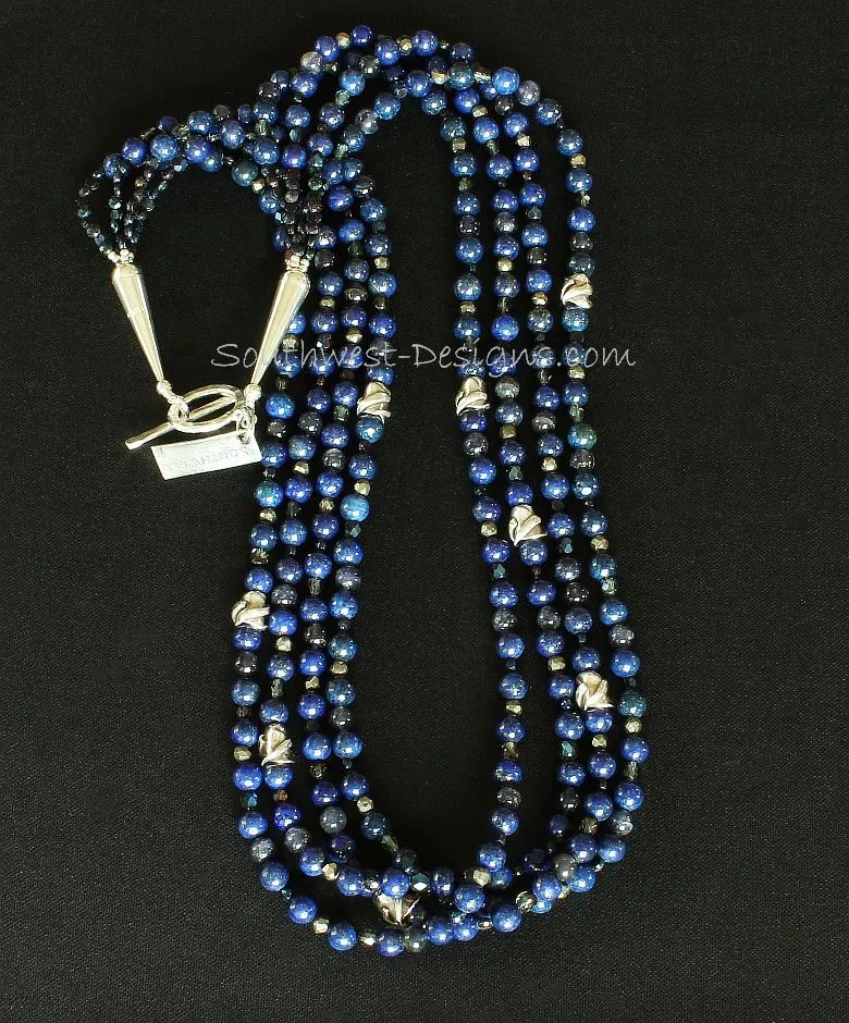 Lapis and Iolite 4-Strand Necklace with Antique Czech Nailheads, Fire Polished Glass, Pyrite Nuggets, and Sterling Silver Beads, Cones & Toggle Clasp