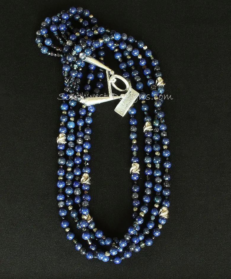 Lapis and Iolite 4-Strand Necklace with Antique Czech Nailheads, Fire Polished Glass, Pyrite Nuggets, and Sterling Silver Beads, Cones & Toggle Clasp