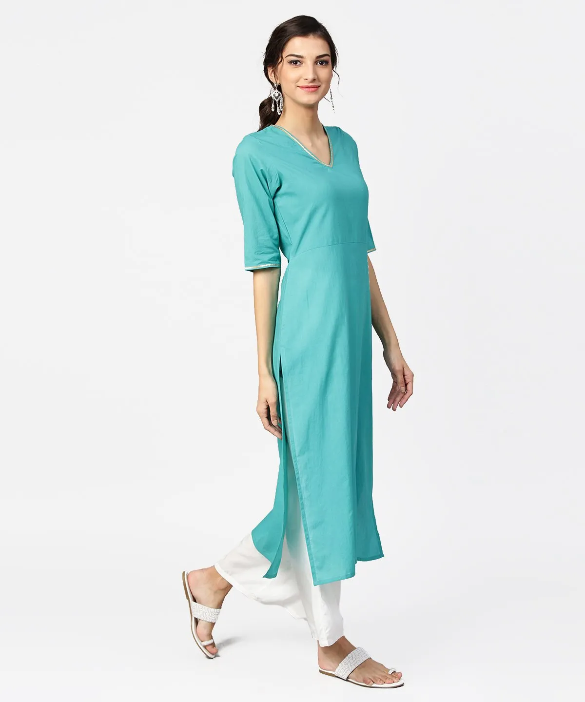 Light Blue Solid Half Sleeve Cotton Straight Kurta