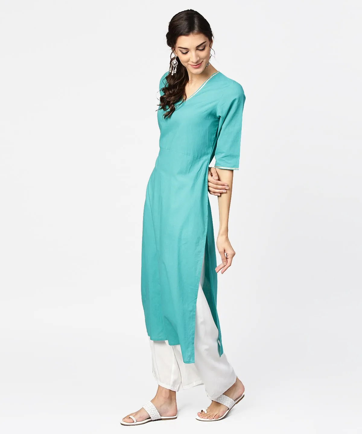 Light Blue Solid Half Sleeve Cotton Straight Kurta