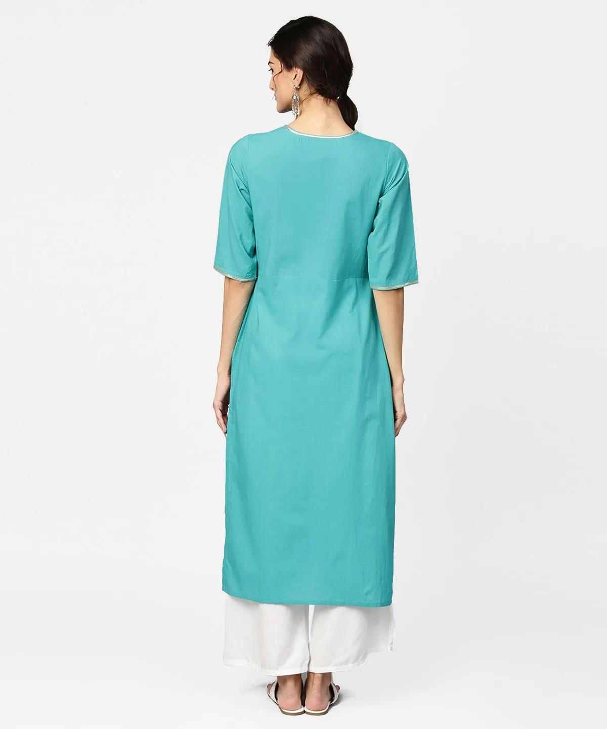 Light Blue Solid Half Sleeve Cotton Straight Kurta