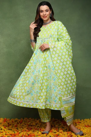 Lime Green Pure Cotton Ethnic Motifs Embroidered Anarkali Suit Set