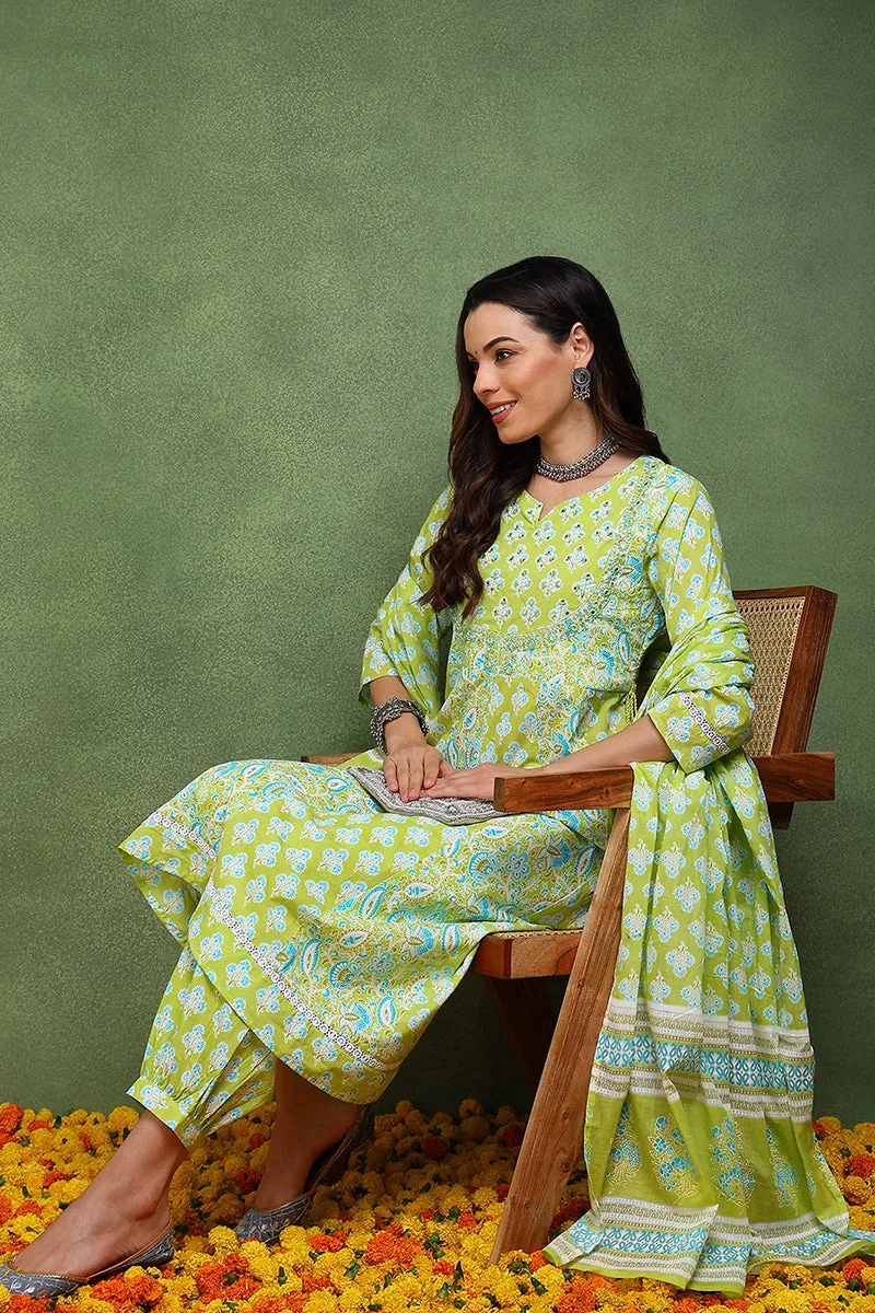 Lime Green Pure Cotton Ethnic Motifs Embroidered Anarkali Suit Set