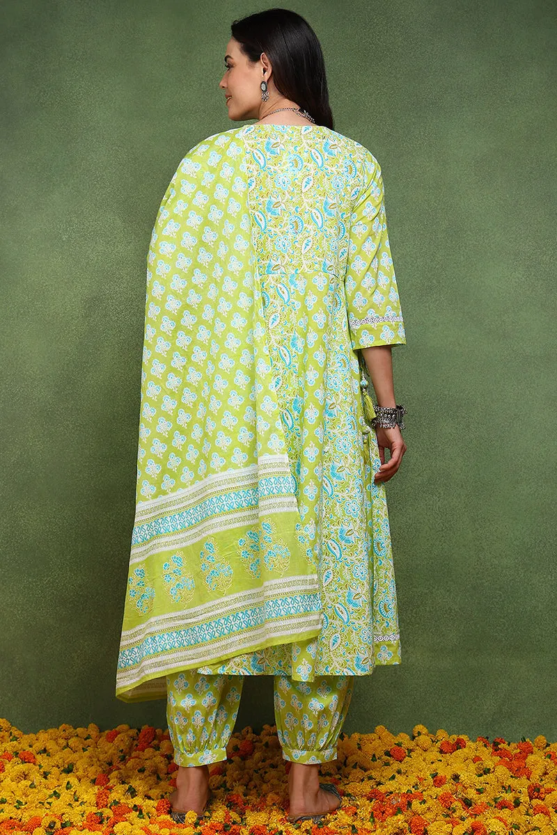 Lime Green Pure Cotton Ethnic Motifs Embroidered Anarkali Suit Set