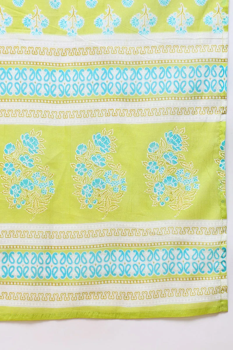 Lime Green Pure Cotton Ethnic Motifs Embroidered Anarkali Suit Set