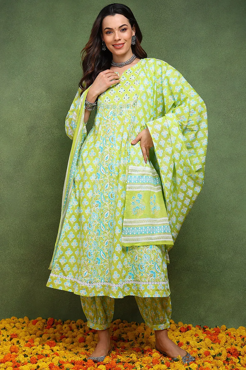 Lime Green Pure Cotton Ethnic Motifs Embroidered Anarkali Suit Set