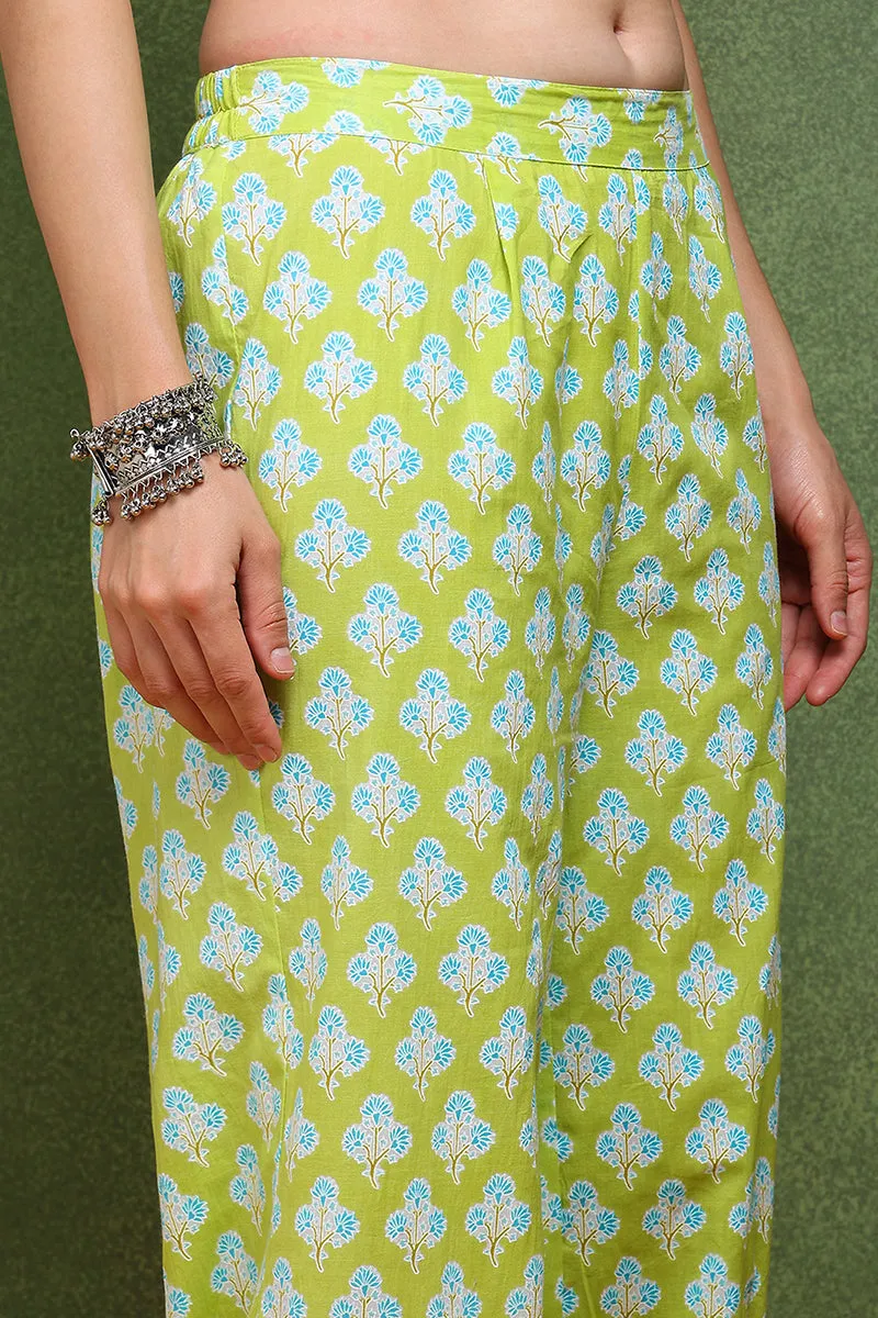 Lime Green Pure Cotton Ethnic Motifs Embroidered Anarkali Suit Set