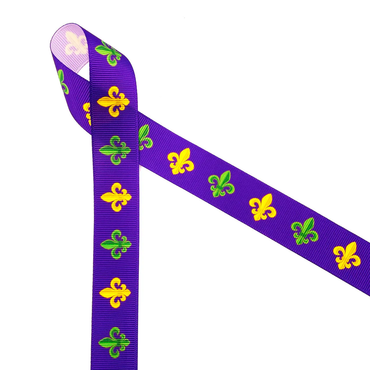 Mardi Gras ribbon with French fleur de lIs in green and yellow on a purple background printed on 7/8" white grosgrain and satin