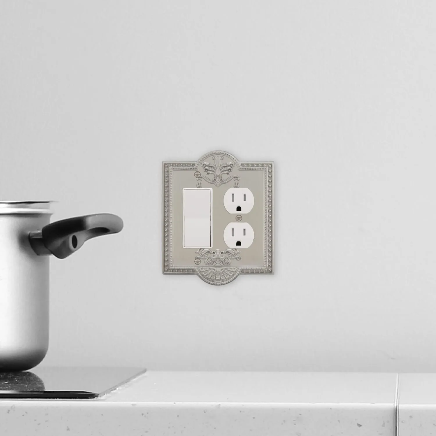 Meadows Switch Plate with Rocker and Outlet in Satin Nickel