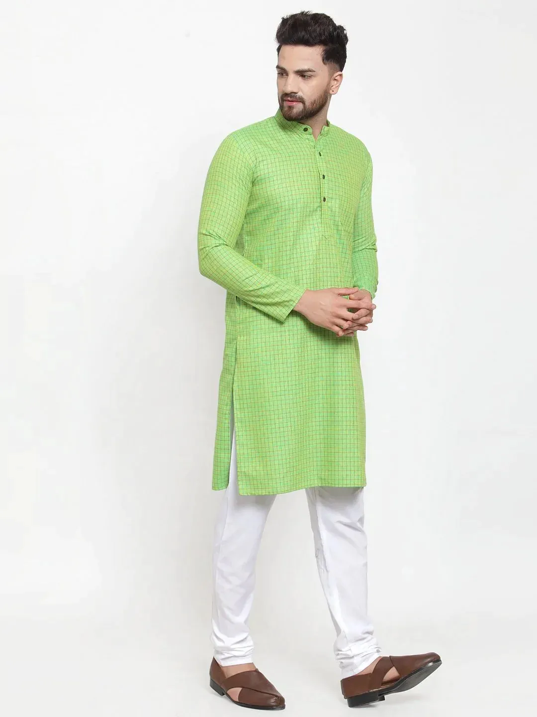 Men Green Checked Self Design Kurta With White Churidar