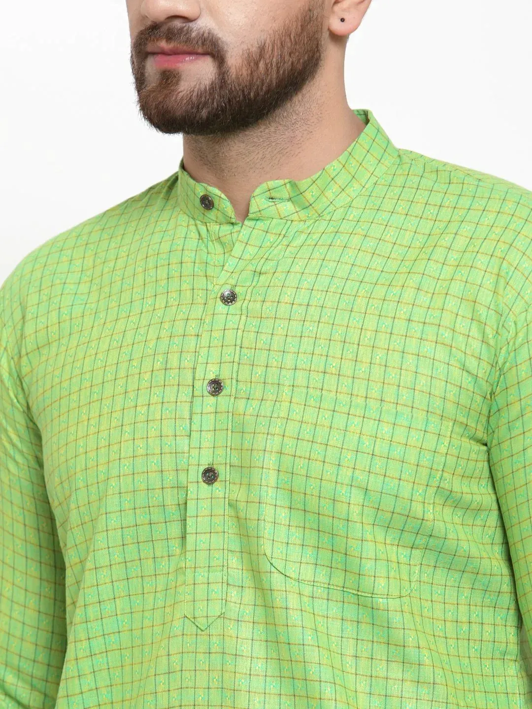 Men Green Checked Self Design Kurta With White Churidar