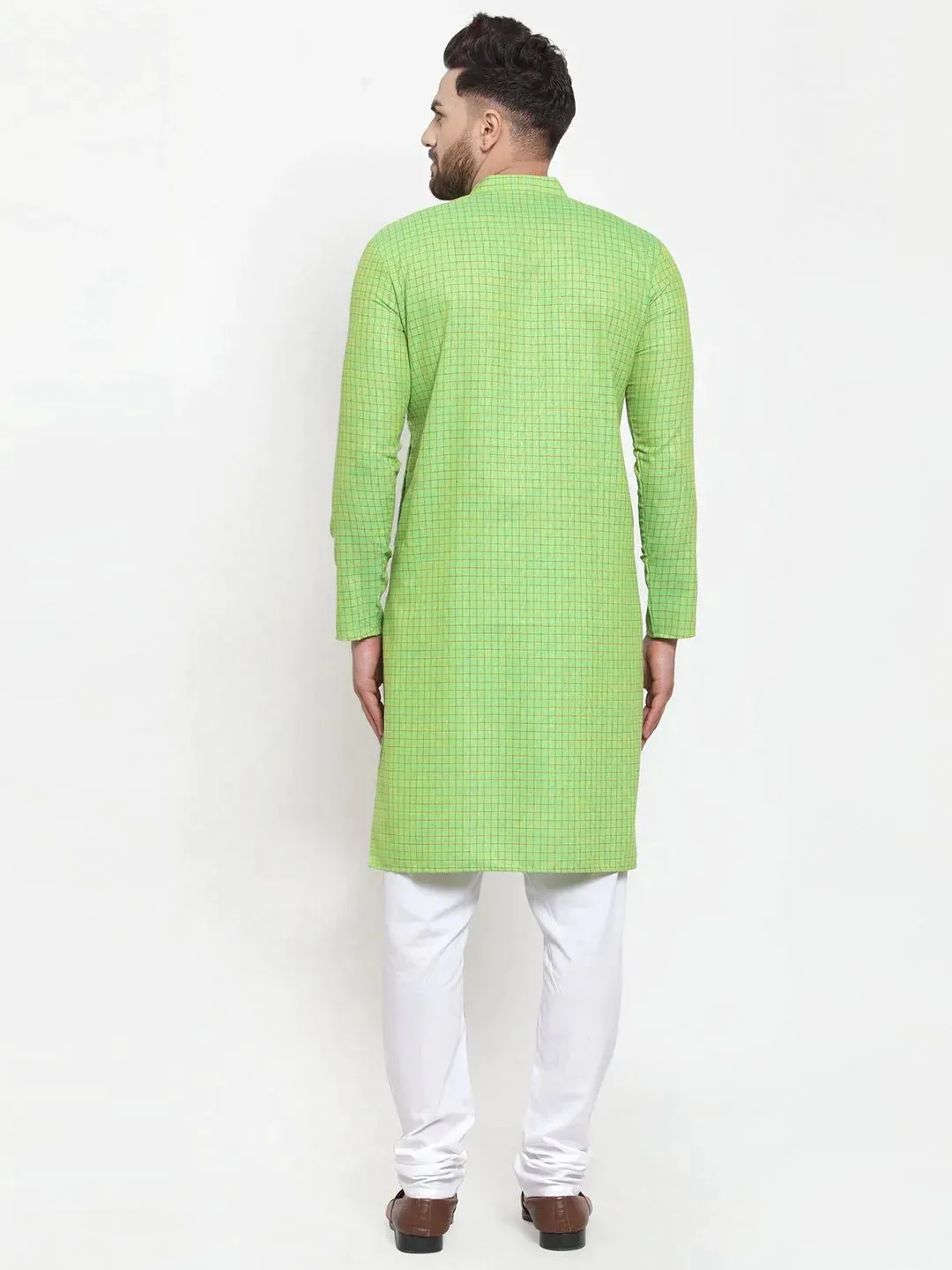 Men Green Checked Self Design Kurta With White Churidar