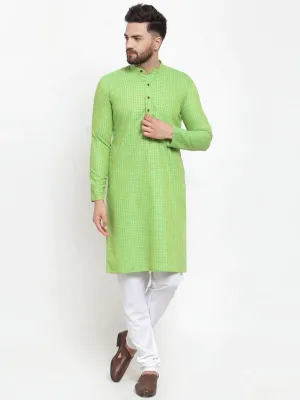 Men Green Checked Self Design Kurta With White Churidar