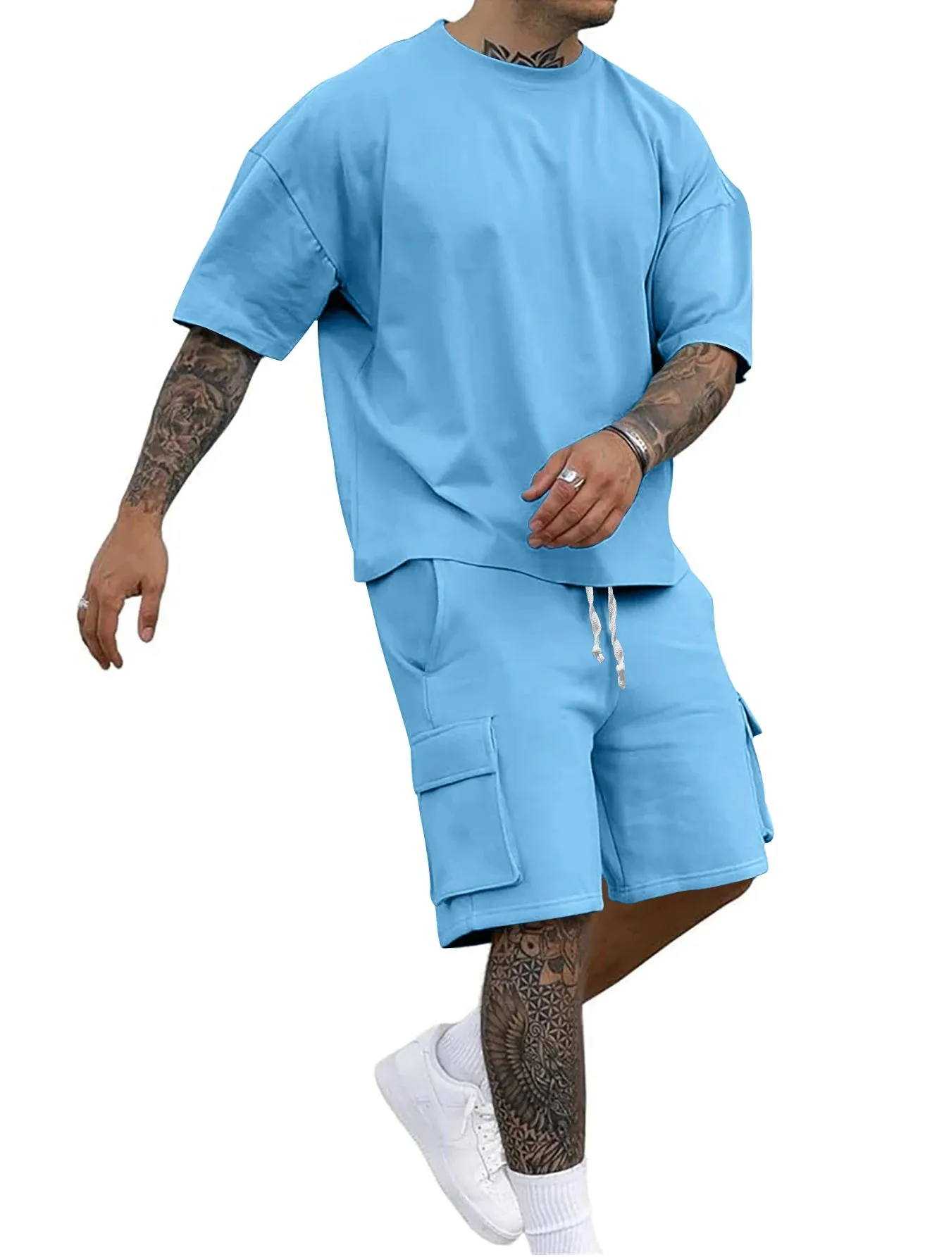 Men's Round Neck Short sleeve T-shirt And Short Pant With Pockets