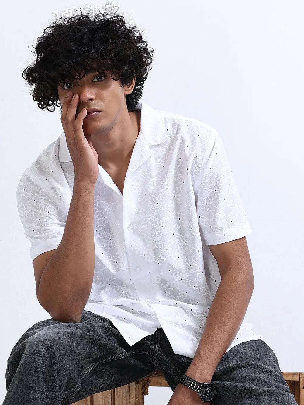 Men's White Cuban Collar Crochet shirt