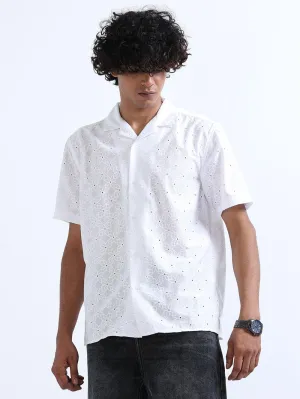 Men's White Cuban Collar Crochet shirt
