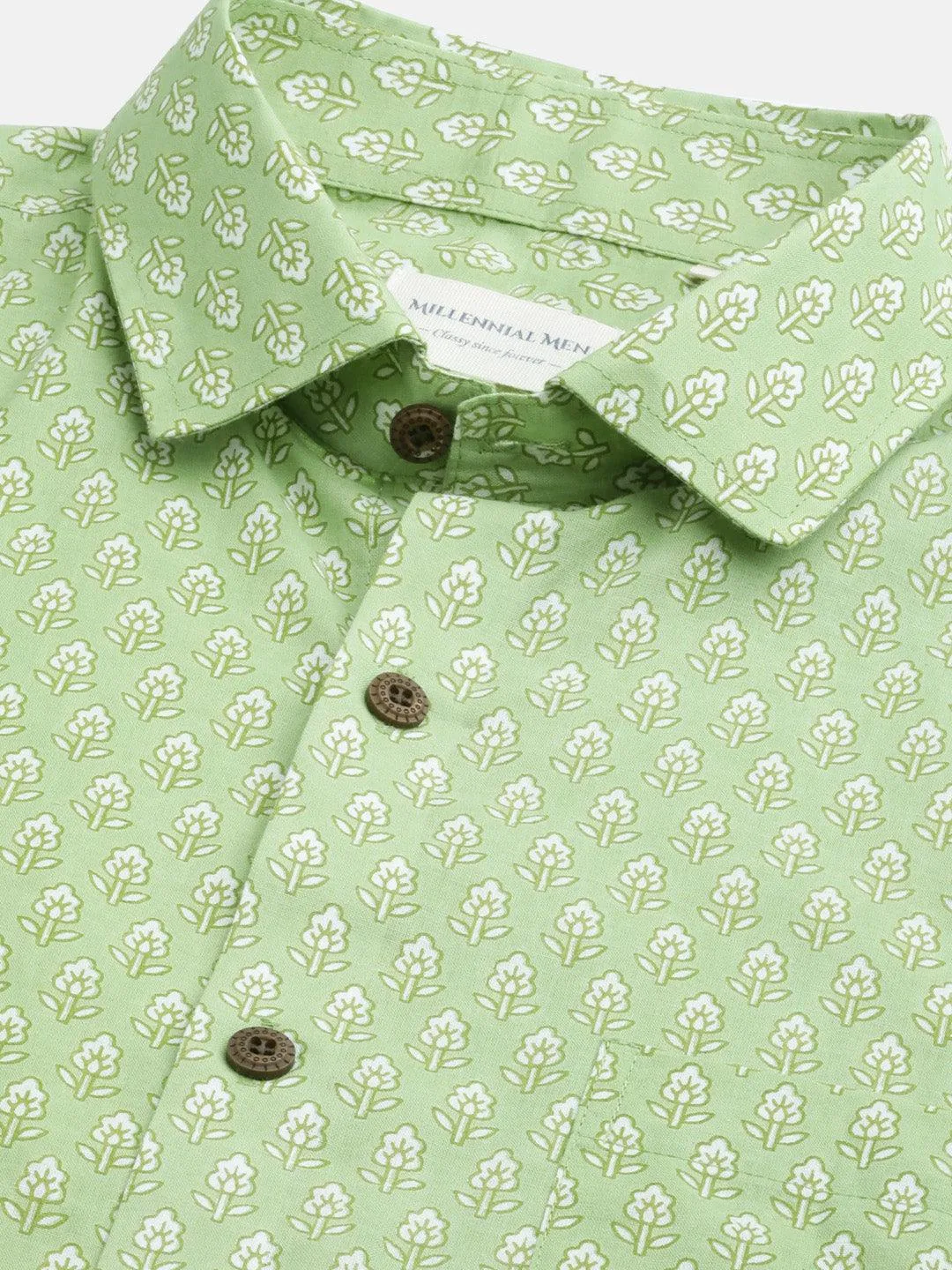 Millennial Men Green & White  Cotton  Half Sleeve Shirt For Men-Mmh0189