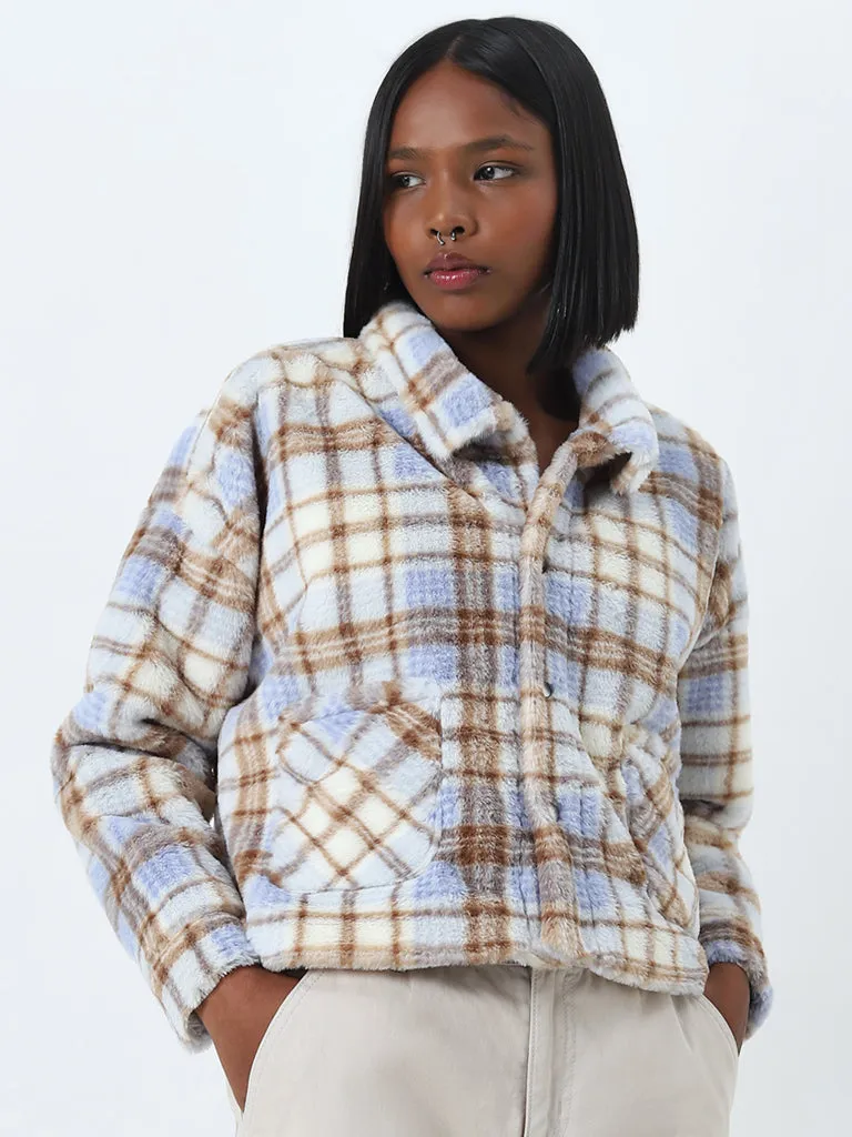 Beige Checkered Print Fleece Jacket by Nuon - Stylish and Cozy Womens Outerwear