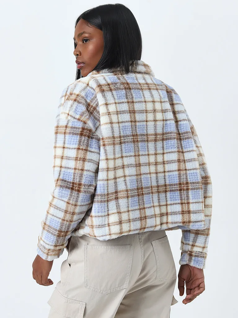 Beige Checkered Print Fleece Jacket by Nuon - Stylish and Cozy Womens Outerwear