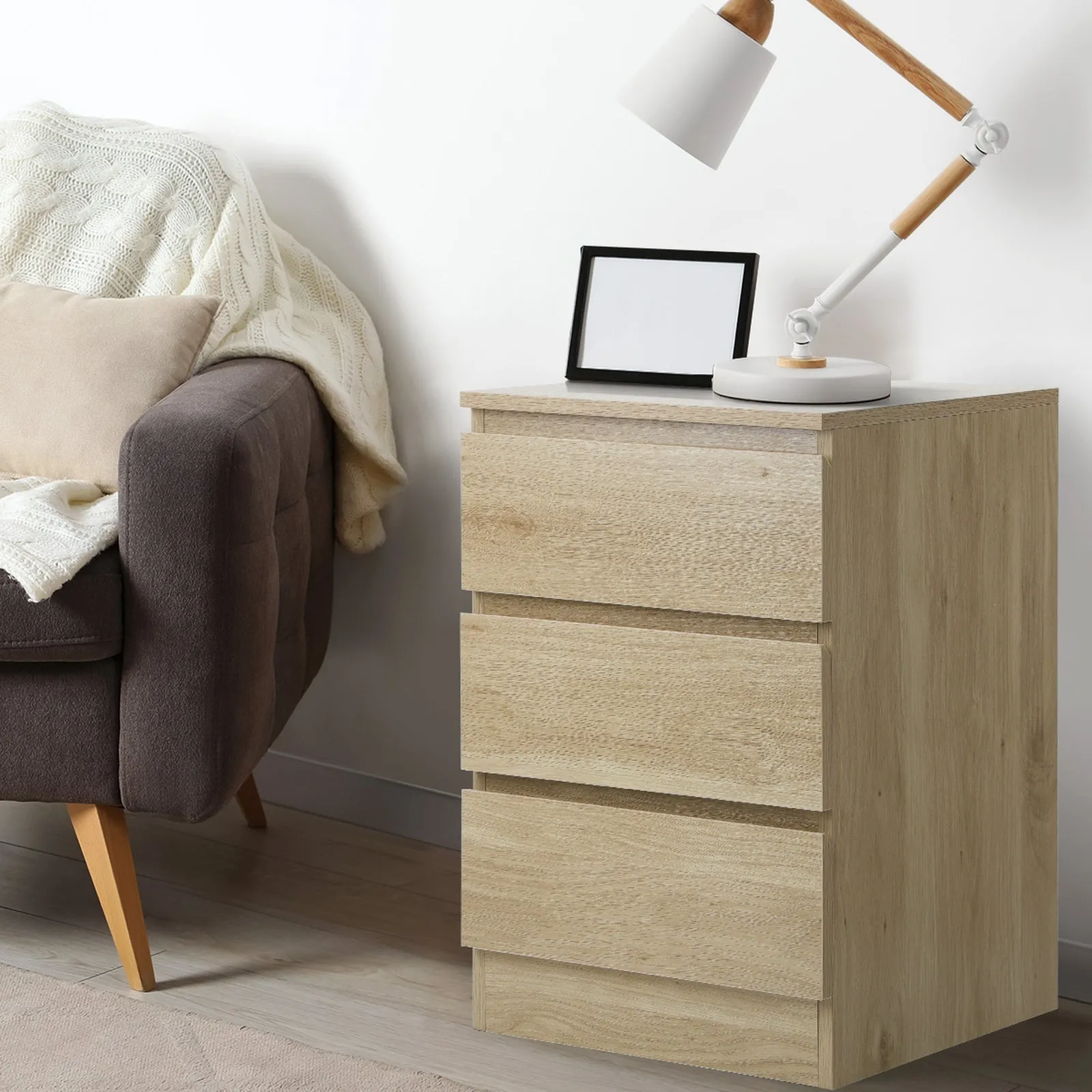 Oikiture Bedside Table 3 Drawers Side Tables Storage Cabinet Nightstand Natural