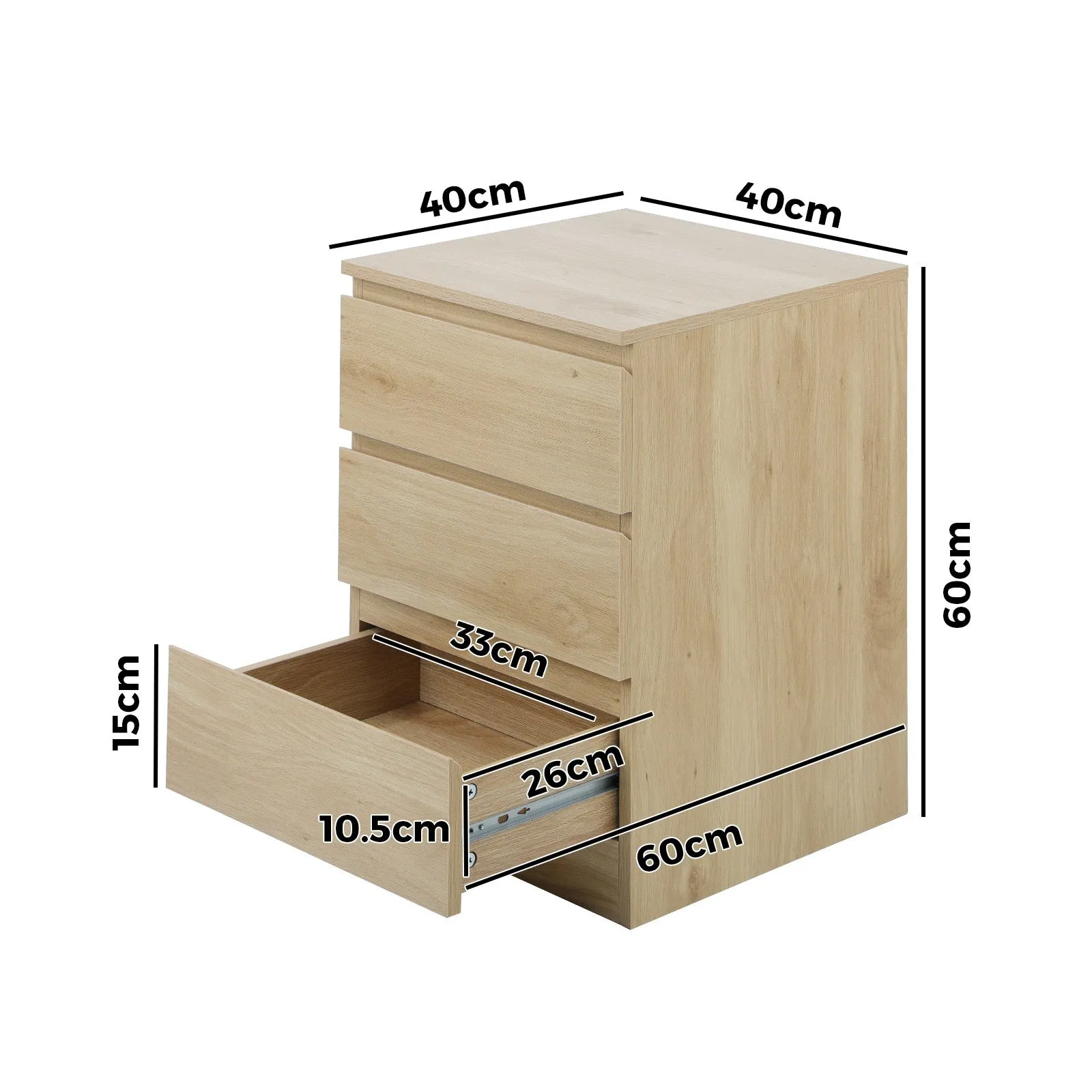 Oikiture Bedside Table 3 Drawers Side Tables Storage Cabinet Nightstand Natural
