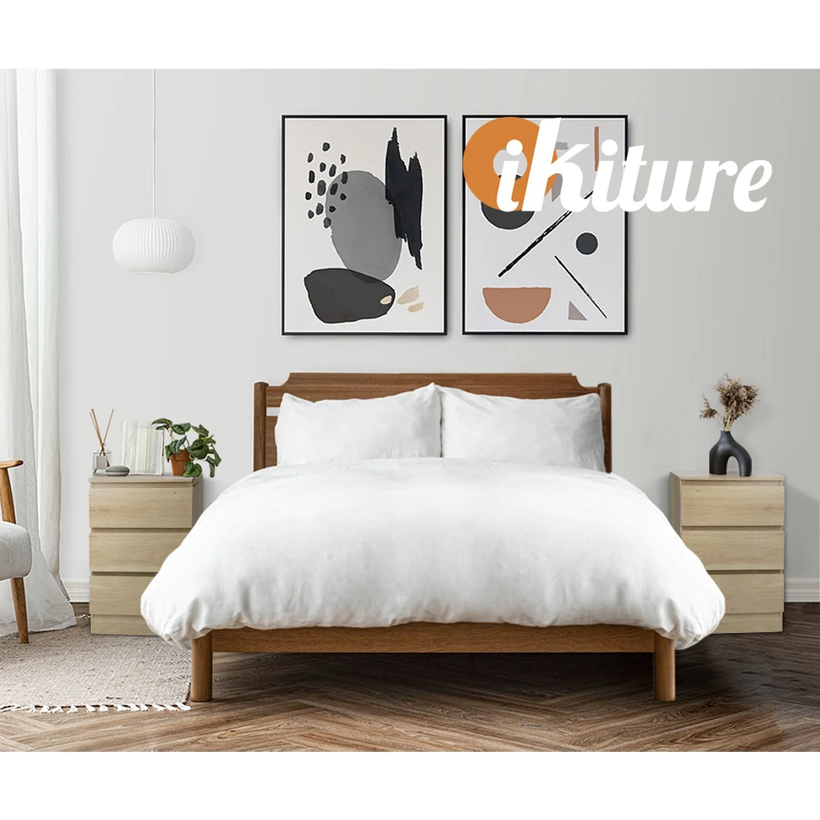 Oikiture Bedside Table 3 Drawers Side Tables Storage Cabinet Nightstand Natural
