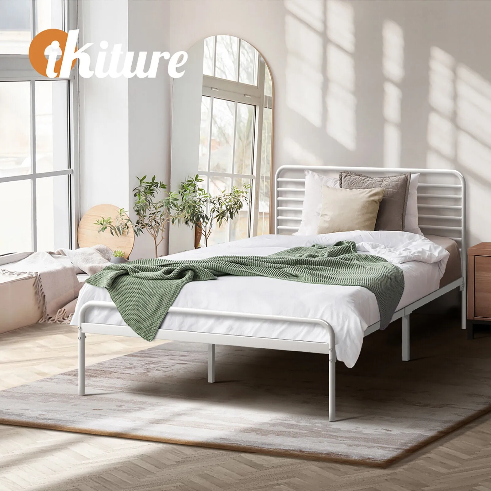 Oikiture Metal Bed Frame King Single Bed Base Beds Platform White