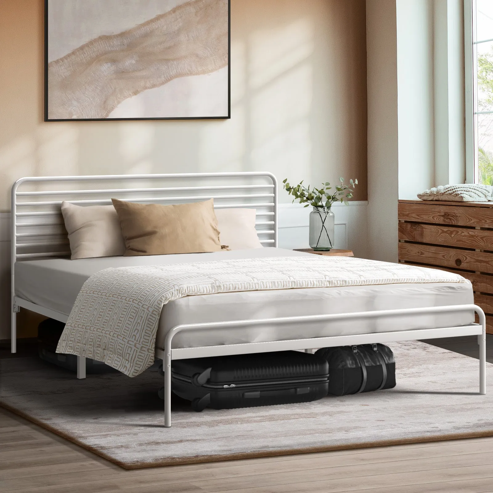 Stylish White Queen Size Metal Bed Frame - Durable Platform Bed Base for Modern Bedrooms