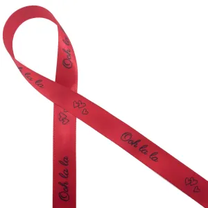 Ooh la la Ribbon with hearts in black on 5/8" bright red Single Face Satin Ribbon