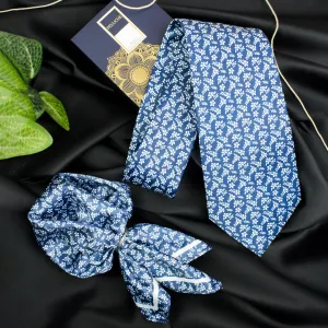 Peluche Jasmine Breeze Blue Broad Neck Tie & Pocket Square Set for Men
