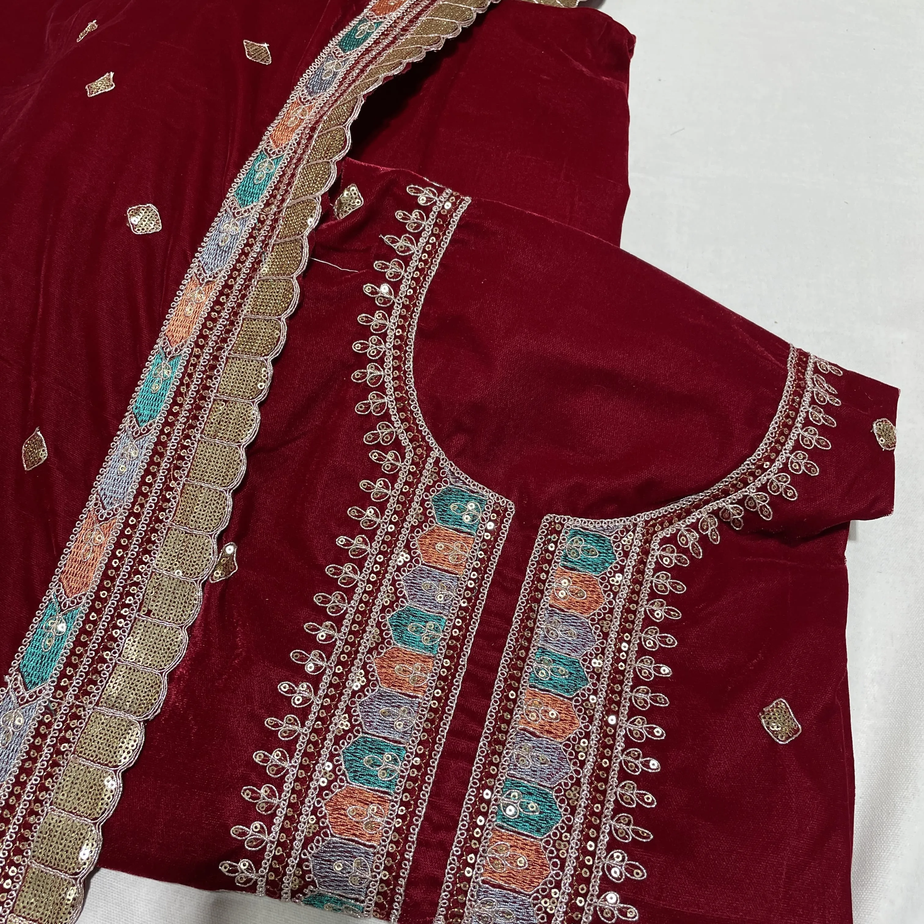 Premium Red Thread Sequins Embroidery Velvet Suit Set With Dupatta