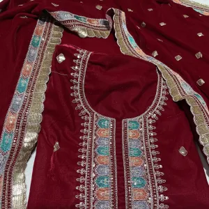 Premium Red Thread Sequins Embroidery Velvet Suit Set With Dupatta