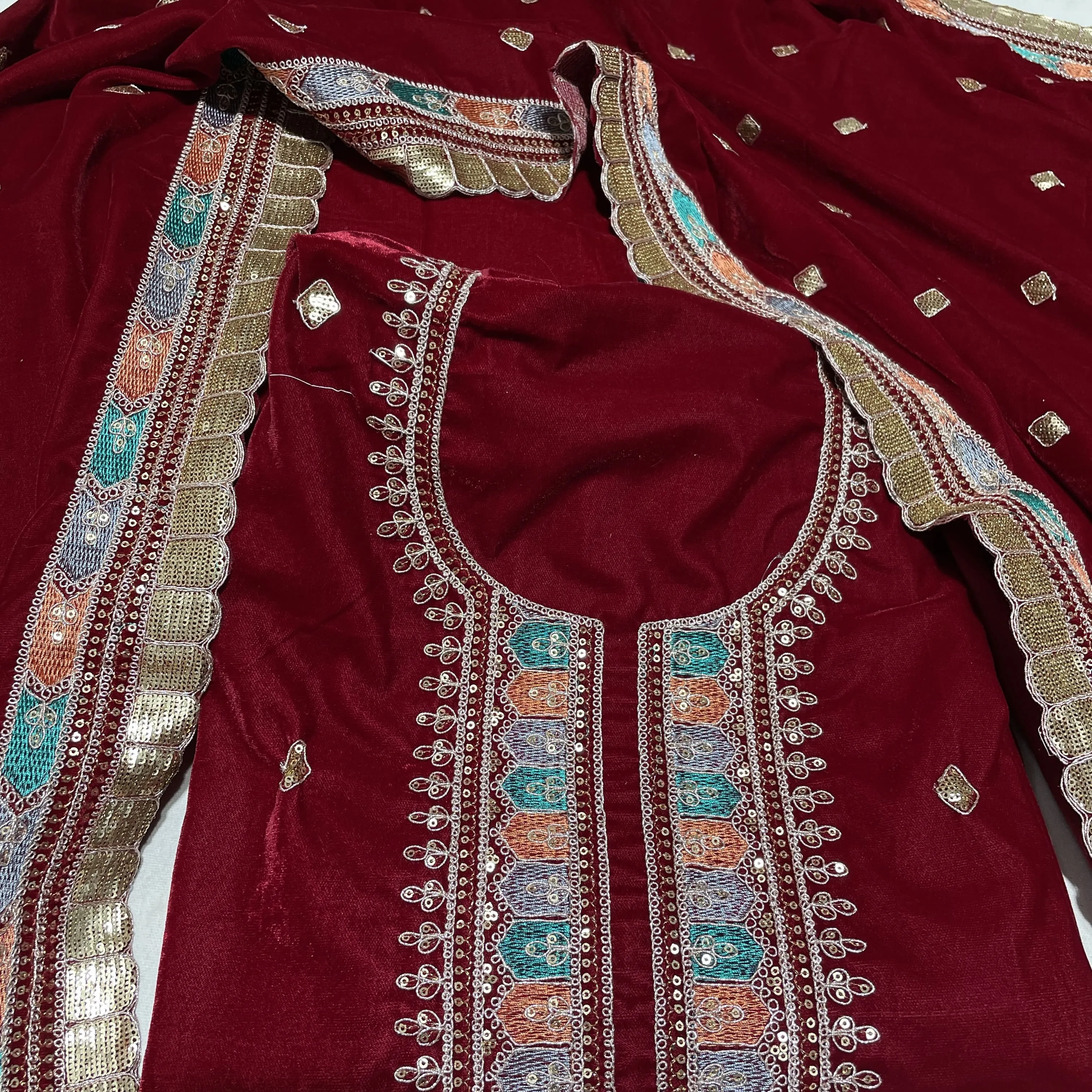 Premium Red Thread Sequins Embroidery Velvet Suit Set With Dupatta